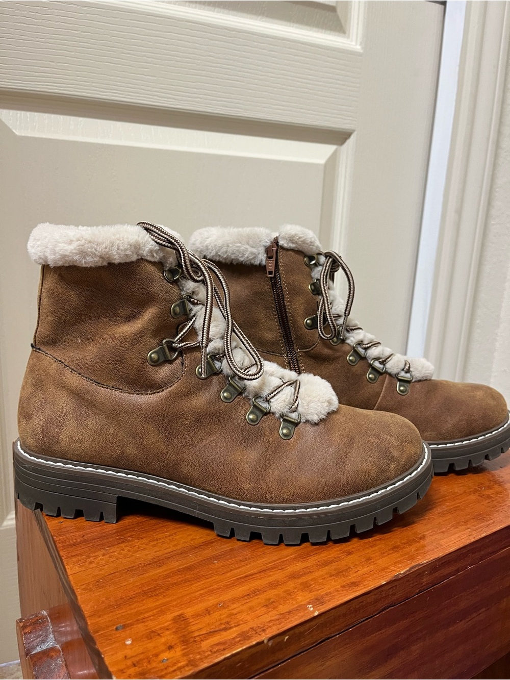 Brown Lace-Up Faux Shearling Boots